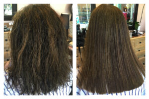 to show a keratin treatment before and after frizzy dry brittle hair