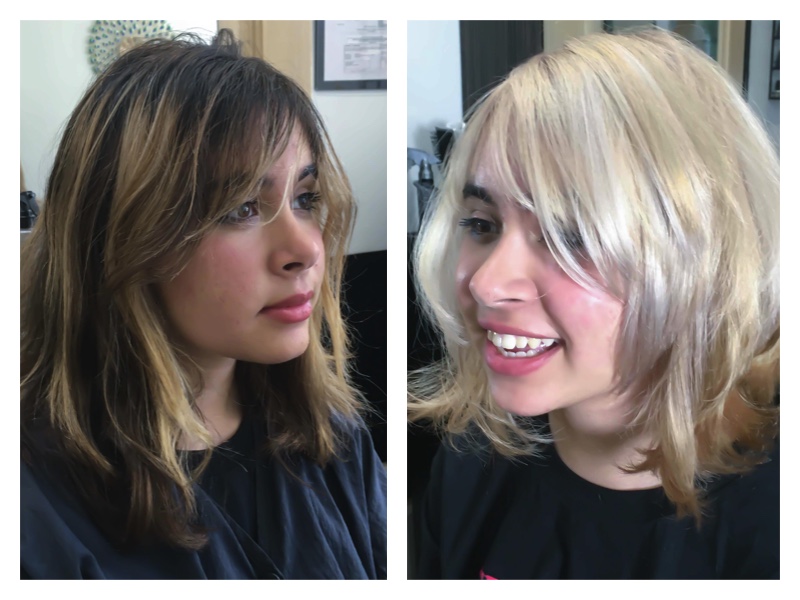 To show a before and after of brunette to blonde