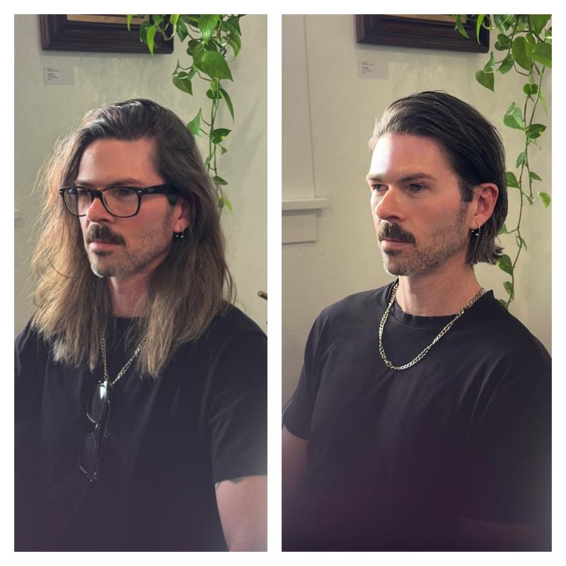 Before and after photo of a musician showing a transformation from long hair to a sleek, layered short-to-medium length man bob haircut